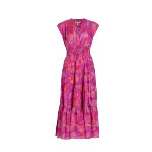 Derek Lam 10 Crosby Fatima Midi Dress Womens 2 Pink Cotton V-Neck Tie Dye A-Line